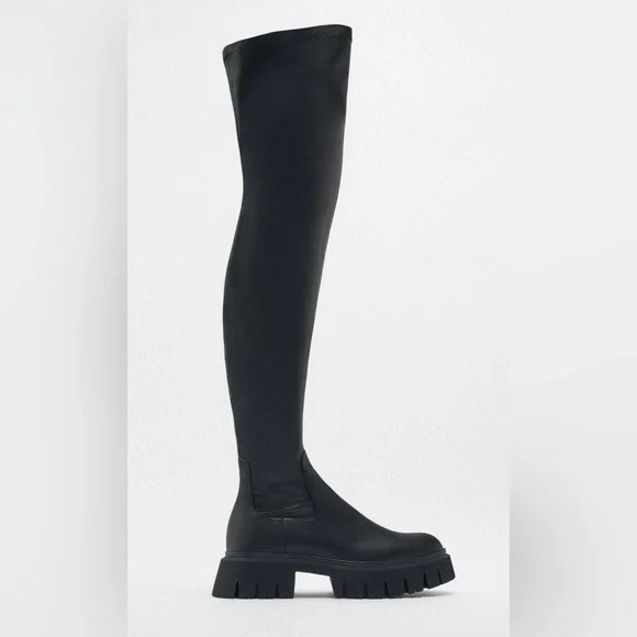 ZARA - Black Over The Knee Lug Sole Boots - Picture 1 of 9